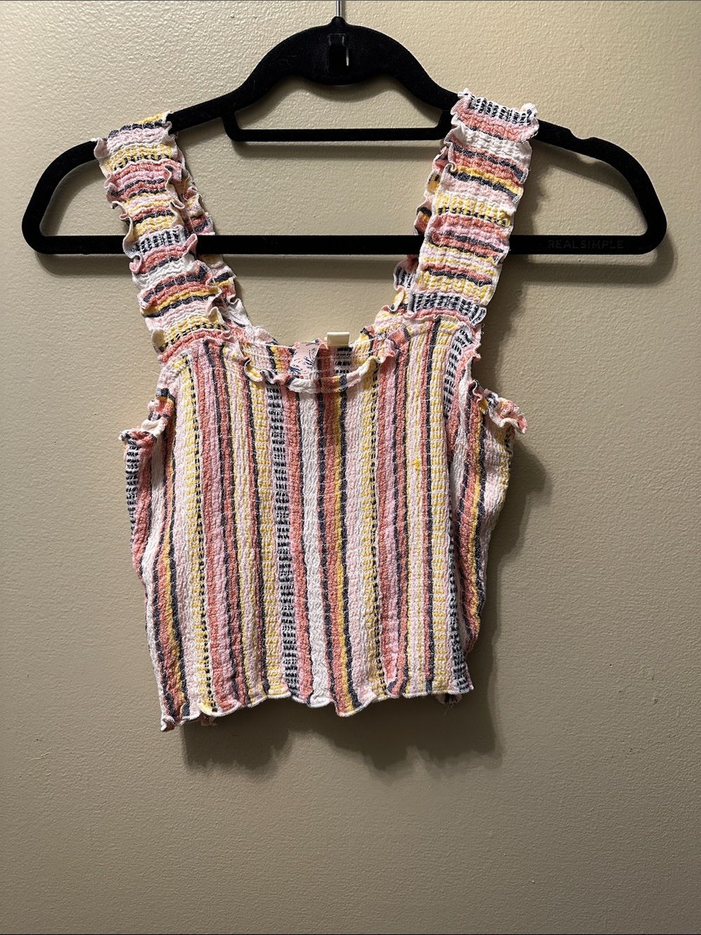 Alya Striped Ruffle Strap Cropped Tank Top - Pink Yellow Cream Gray